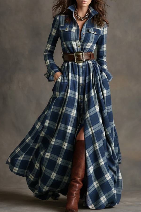 French retro waist long sleeve chiffon dress