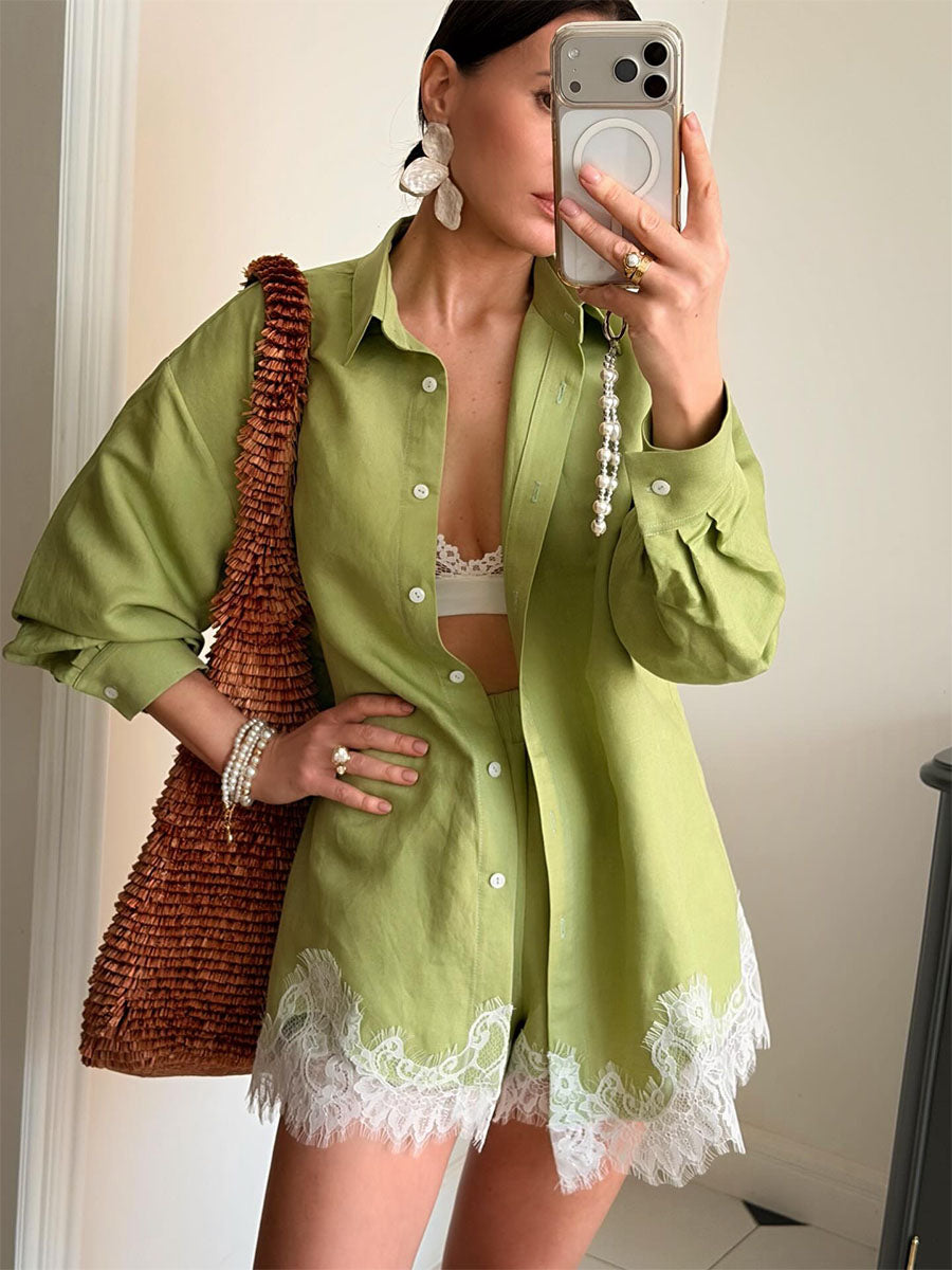 Lace-Trim Resort Shirt & Shorts Set