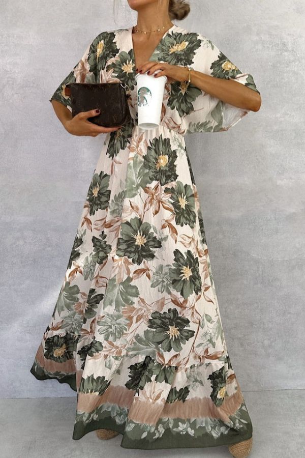 Retro V-neck Printed Short-sleeved Waist-length Maxi Dress