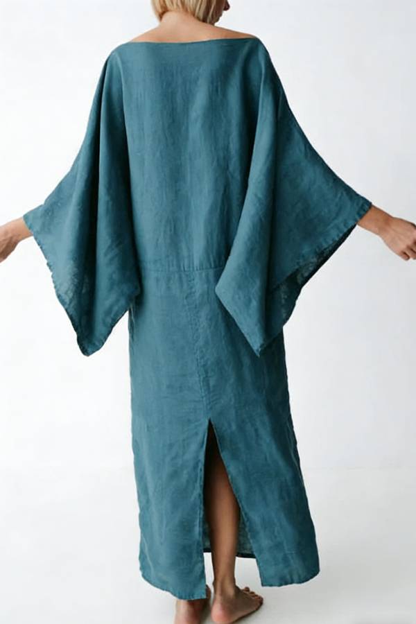 Stacie Linen Blend Wide Neck Batwing Sleeves Tie-up Waist H-line Maxi Dress