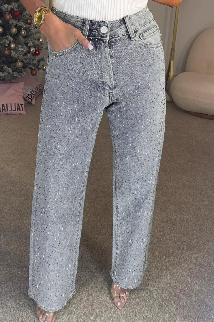 Rhinestone Washed High Waist Straight Jeans