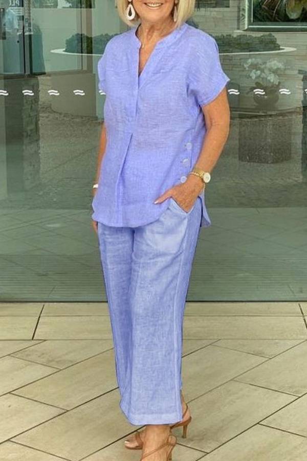 V-Neck Linen Casual Cropped Pants Set