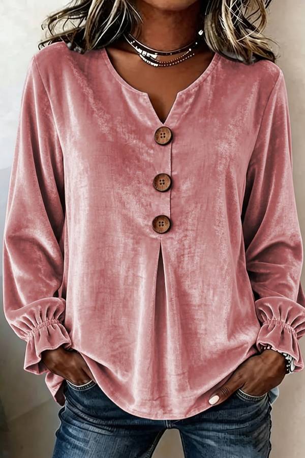 Velvet Notch V Neck Wooden Button Pleated Bell Sleeve Loose Blouse Top
