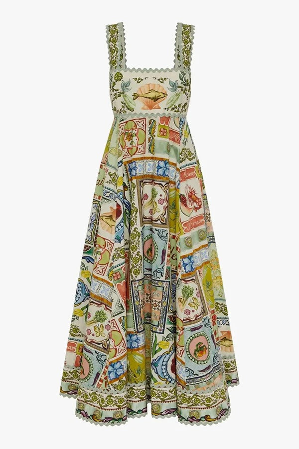 Sea Calling Linen Blend Unique Print Scalloped Detail Back Smocked Pocket Maxi Dress
