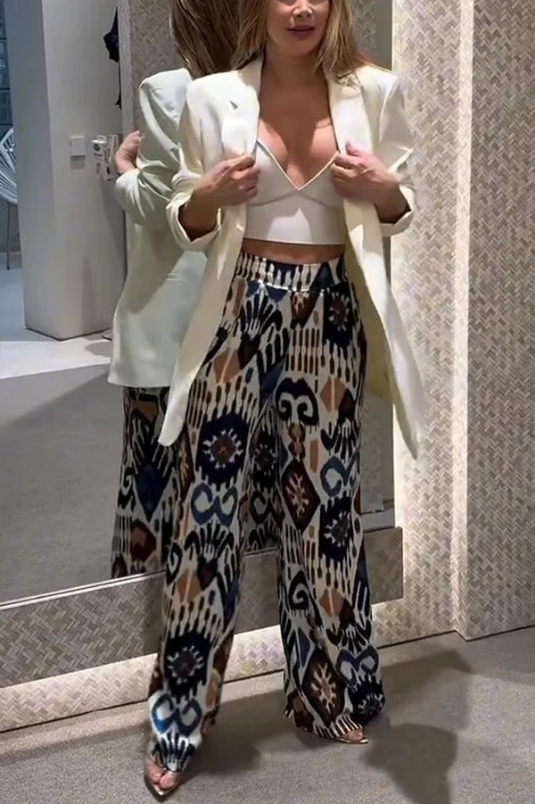 Emelia Unique Print Back Elastic Waist Pocket Wide Leg Pants