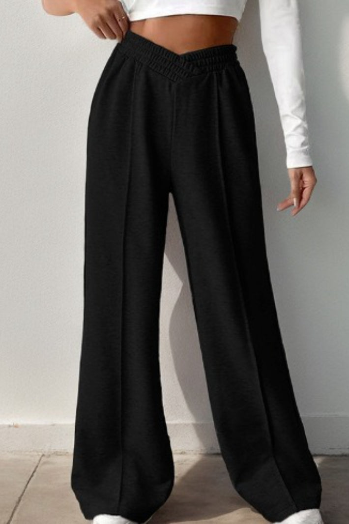 Wide Leg V Waist Paneled Knit Pants