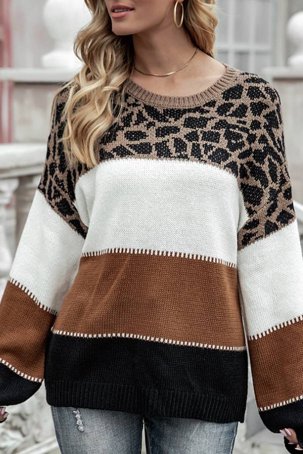 Leopard print color-blocked crew neck sweater