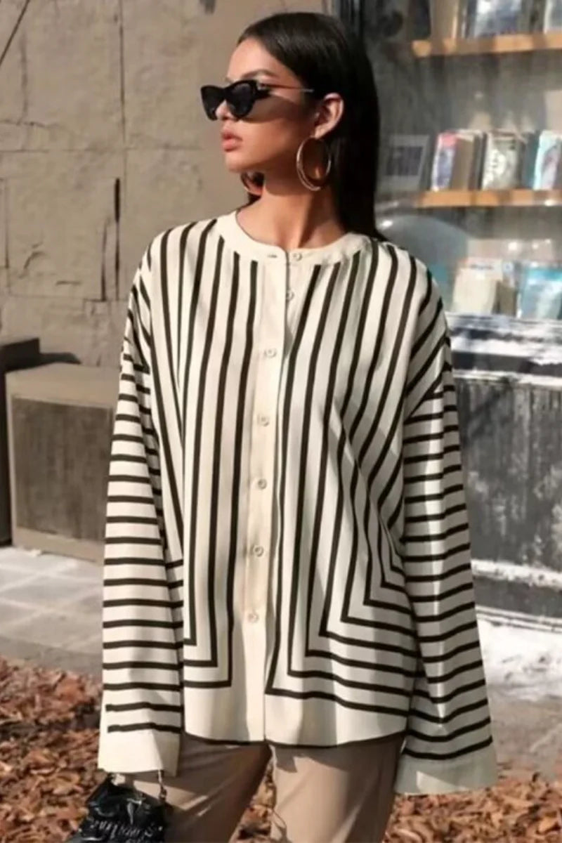 Striped Loose Long Sleeve Button Down Blouse
