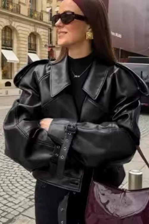 Retro Notch Lapel Vegan Leather Coat