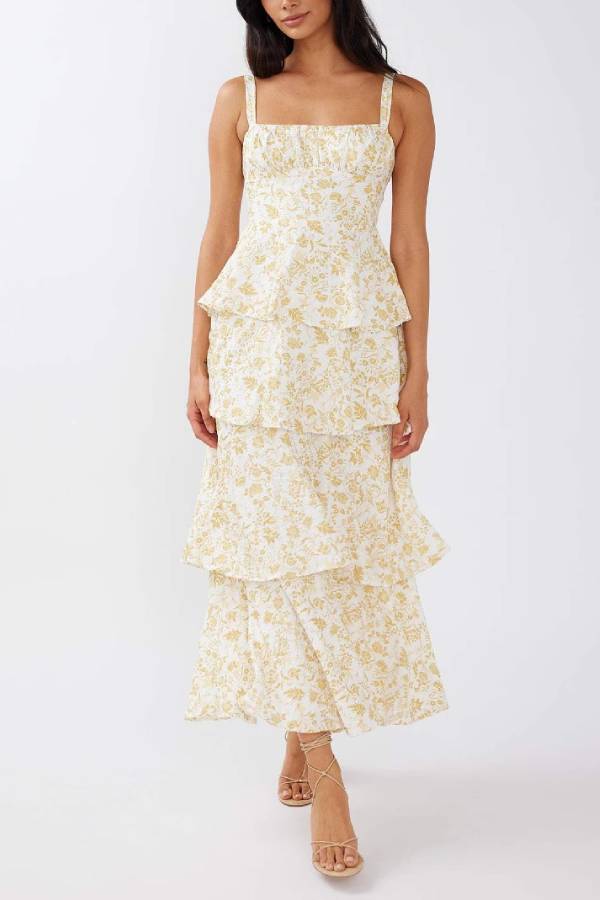 Floral Square Neck Cami Tiered Ruffle Maxi Dress