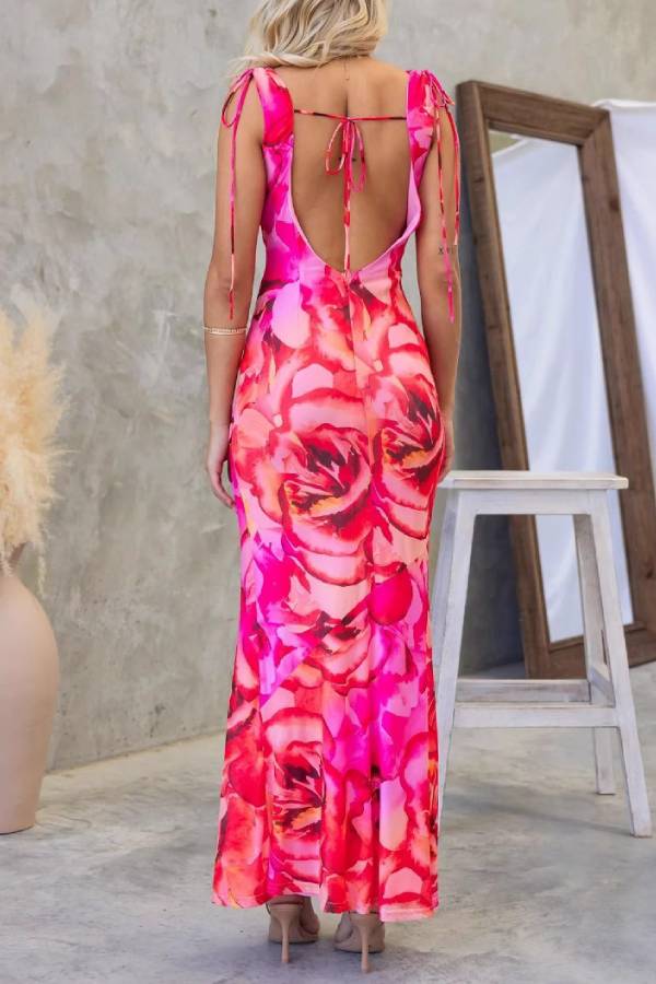 Cowl Neck Tie-Back Waist-Cinched Bodycon Maxi Dress