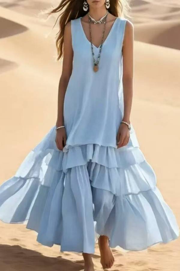 V-Neck Sleeveless Double Layer Tiered Ruffle Maxi Vacation Dress