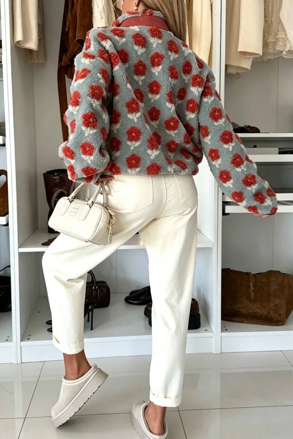 Escape From Winter Printed Teddy Bear Fleece Material Contrast Color Long Sleeve Pocket Zipper Coat