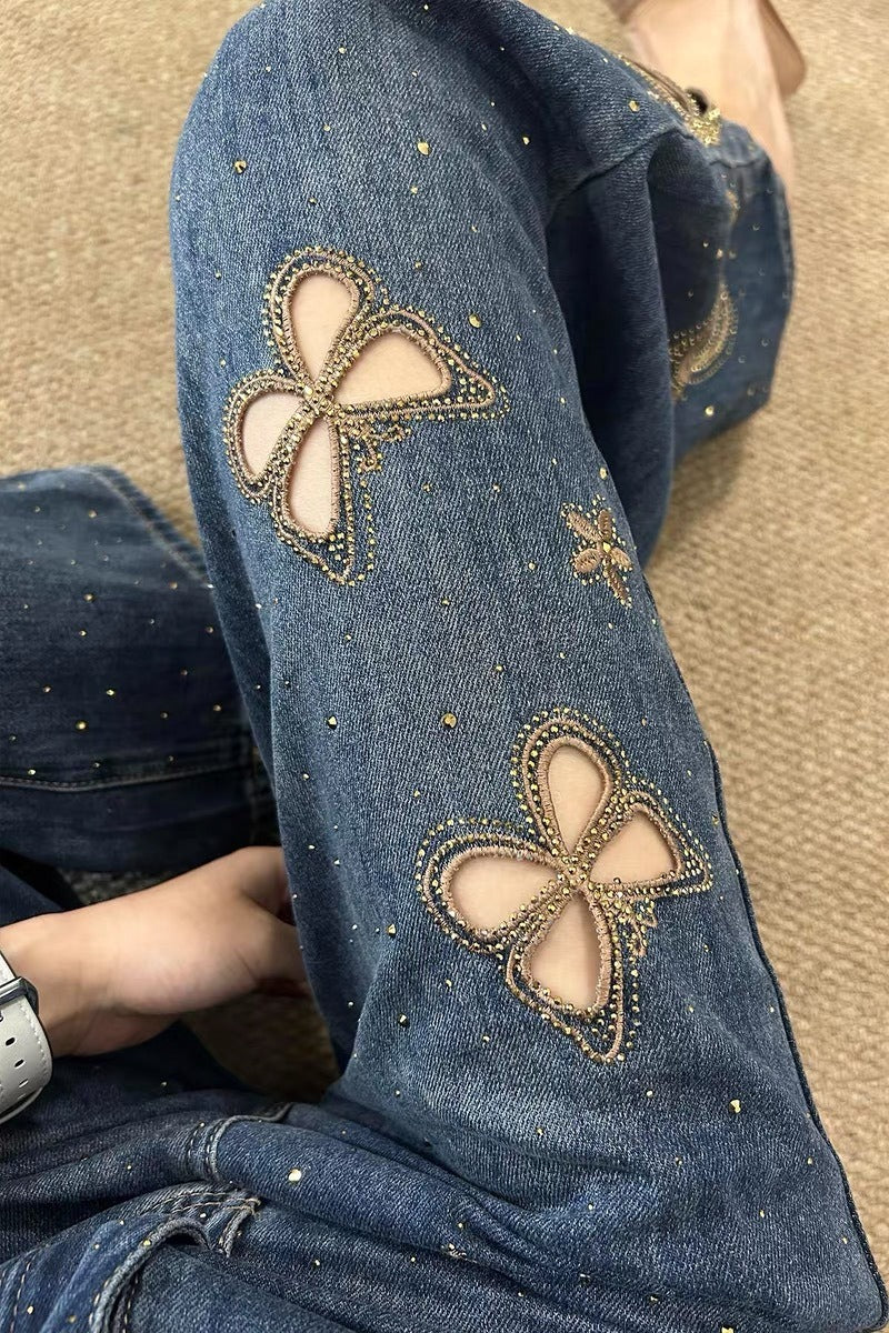 Heavy Embroidery Rhinestone Cutout High Waist Jeans
