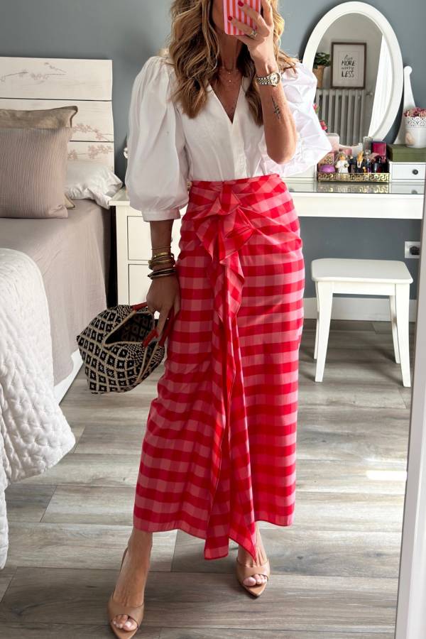 Red Gingham Tie Wrap Maxi Skirt