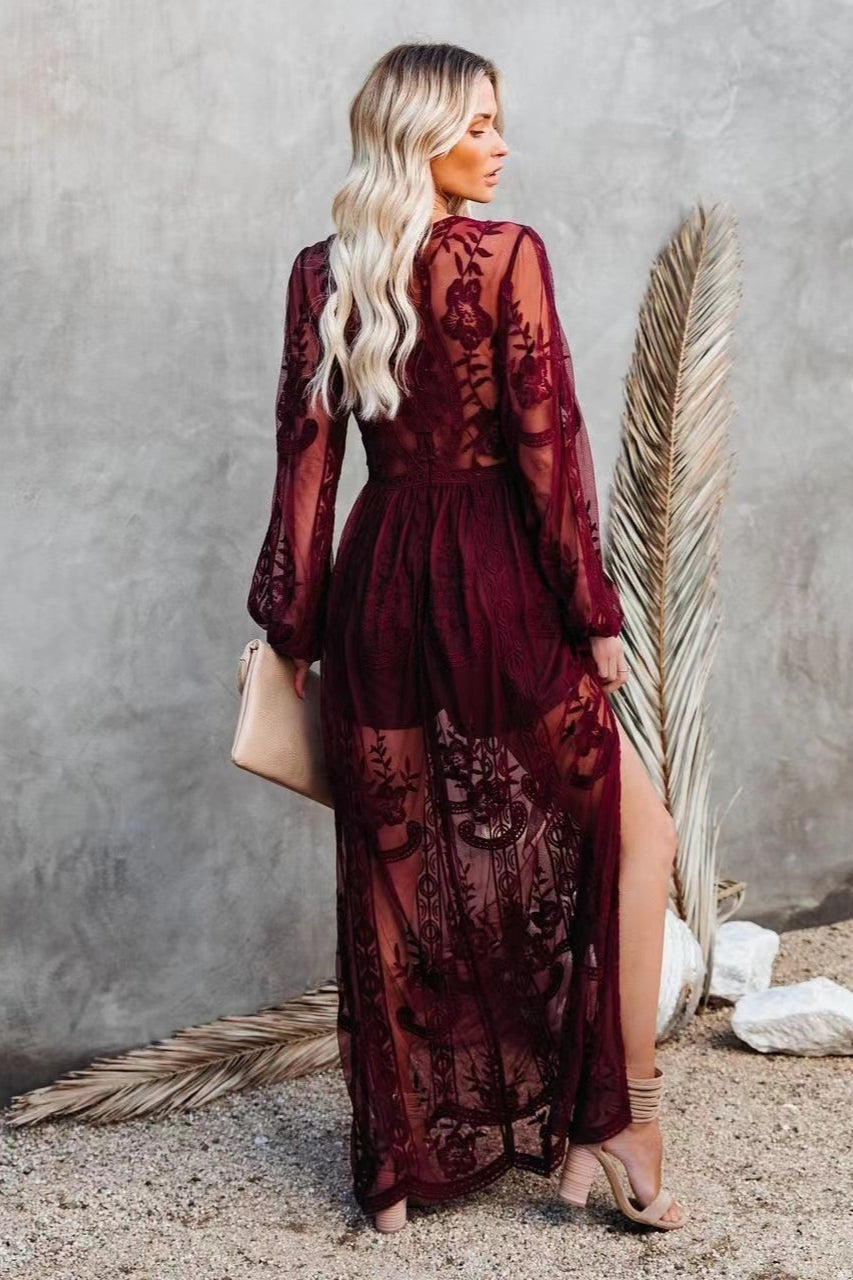 Embroidery V Neck Lace Maxi Boho Dress