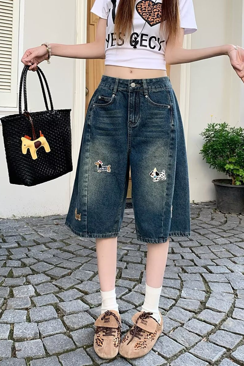 Embroidered High Waist Wide Leg Casual Shorts