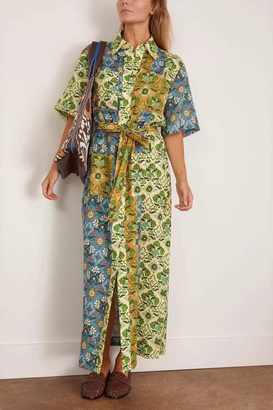 Color Block Vintage Floral Print Belted Shirt Collar Split Maxi Shirt Dress