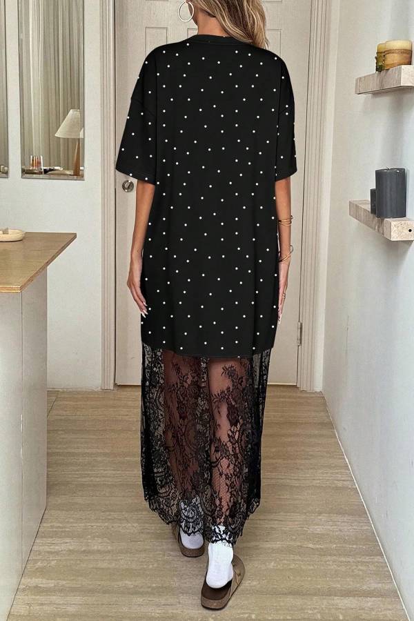 Leopard Print / Polka Dot Patchwork Lace Hem T-Shirt Dress