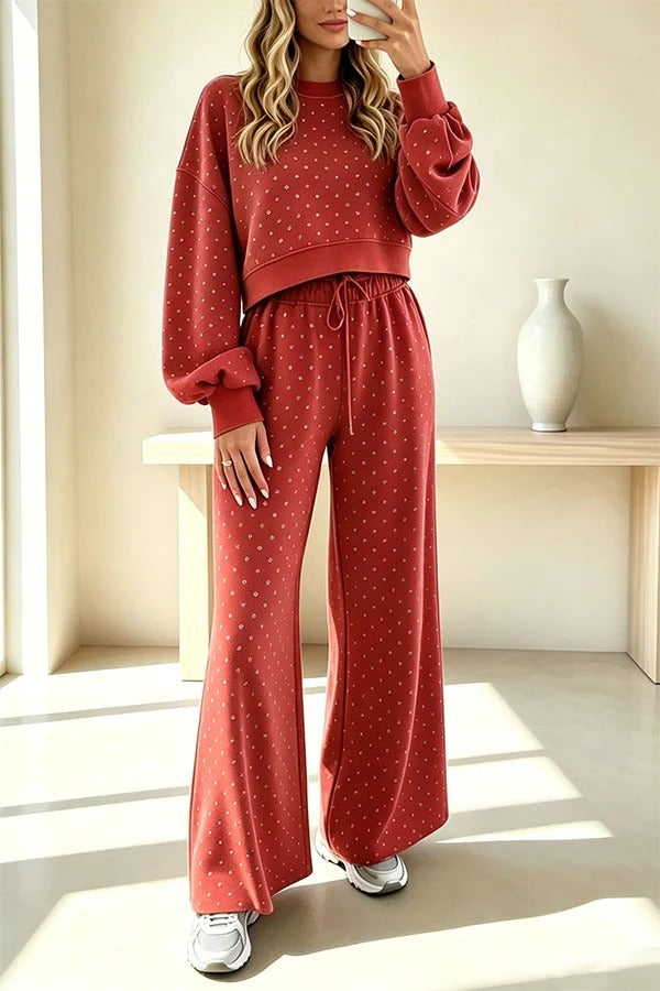 Relaxed and Casual Polka Dot Print Long Sleeve Sweatshirt and Drawstring Elastic Waist Pants Set
