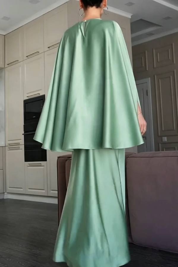 Coralien Satin Tie-up Waist Cape Top and High Rise Drape Flare Maxi Skirt Set
