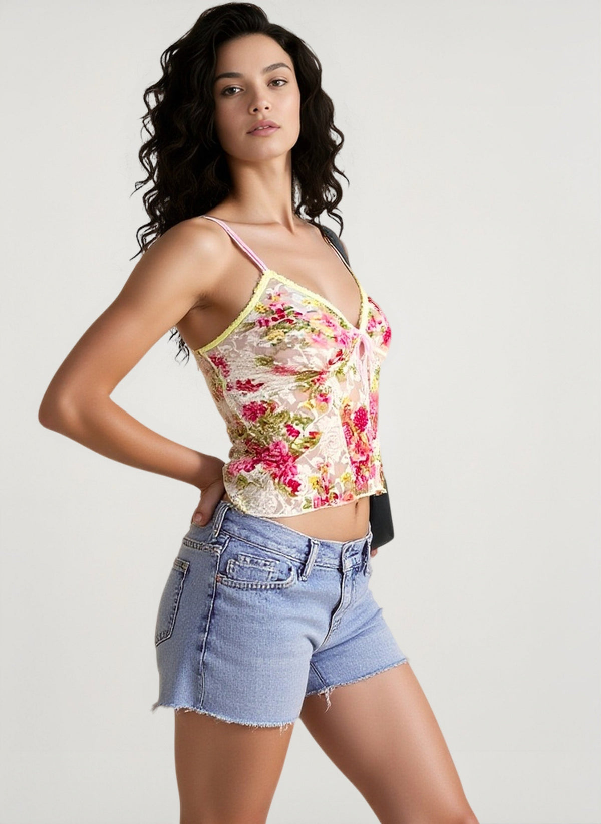 Women Spaghetti Strap Top Floral Print V-neck Front Split Tie-Up Sleeveless Summer Slim Fit Mini Vest 2024 Crop Top