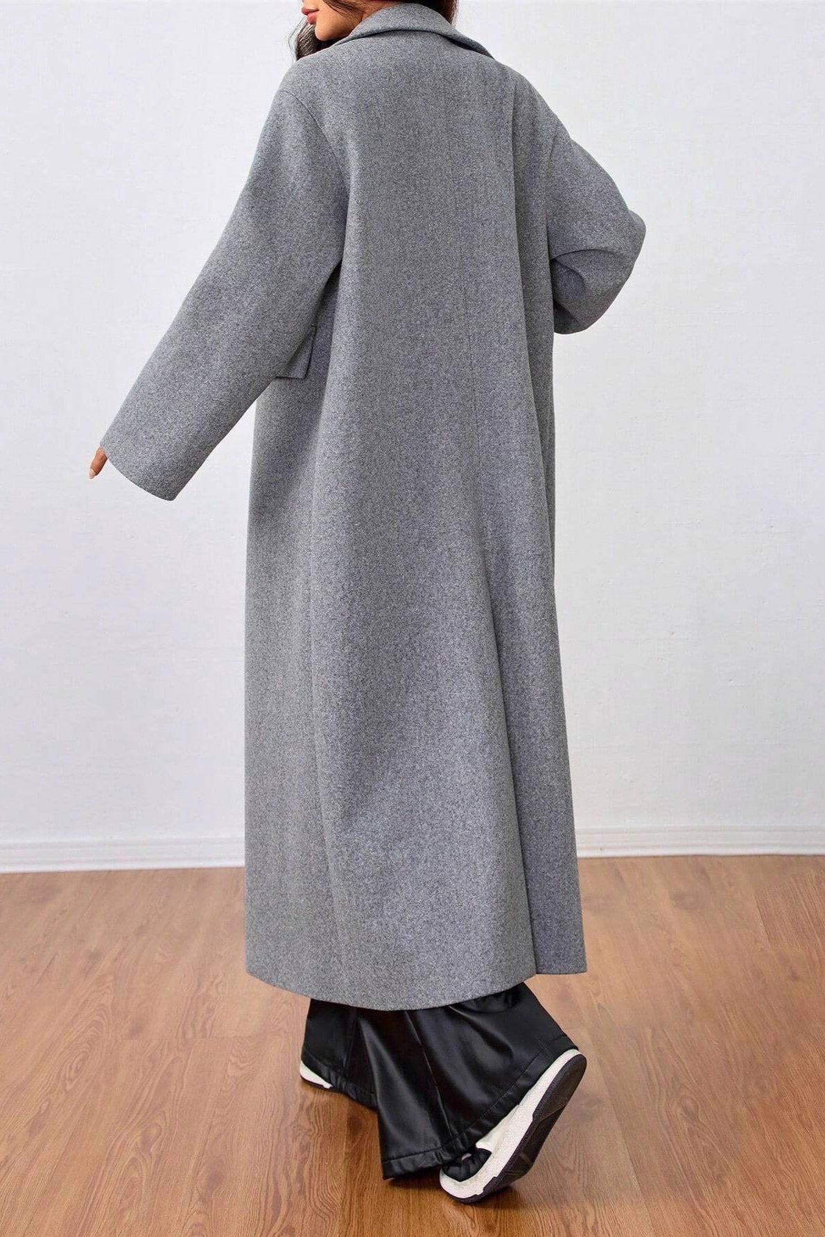 Wool Blend Lapel Elegant Long Overcoat