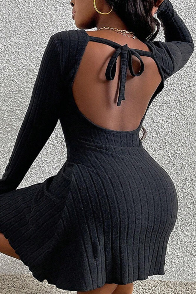 Simple Backless High Waist Long Sleeve Mini Sweater Dress