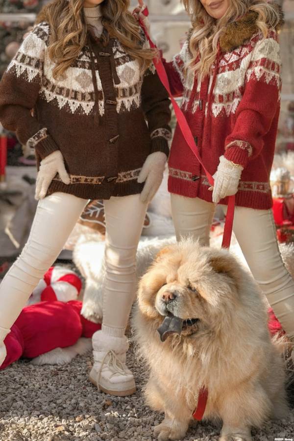 Christmas Fireplace Patterned Cardigan with Fur