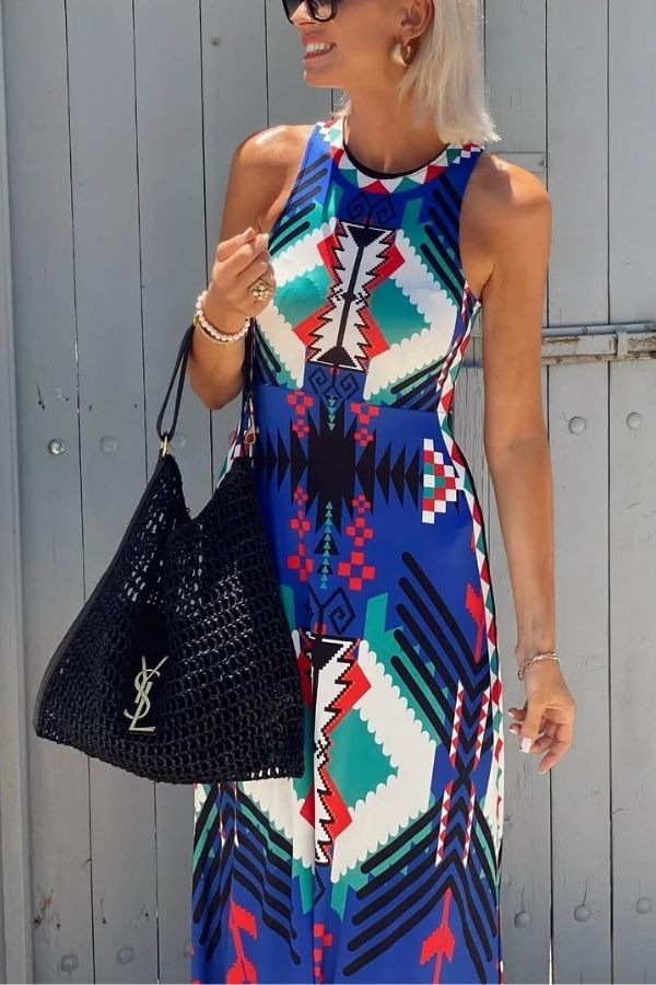 Unique Printed Round Neck Sleeveless Holiday Maxi Dress