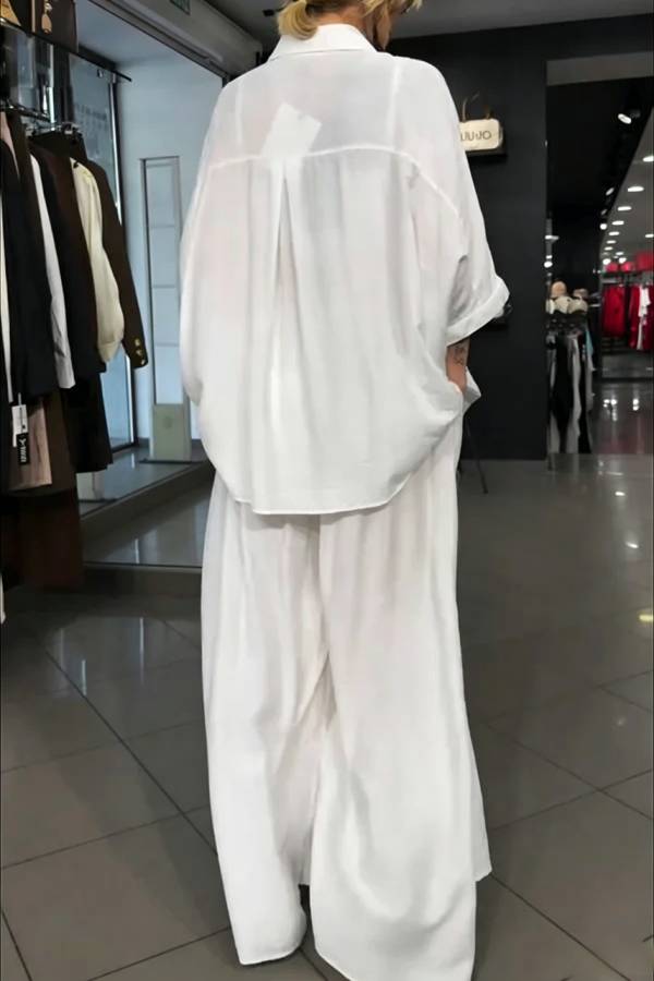 Street Style Graffiti Print Button Half Sleeve Blouse and Elastic Waist Pocket Wide Leg Pants Set
