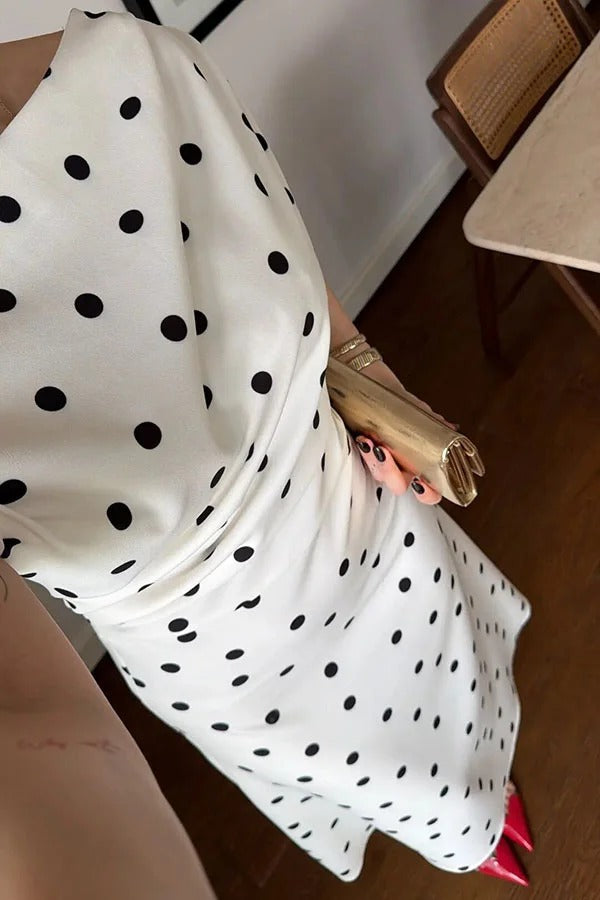 Adelah Polka Dot Print One Shoulder Ruched Short Sleeve Midi Dress