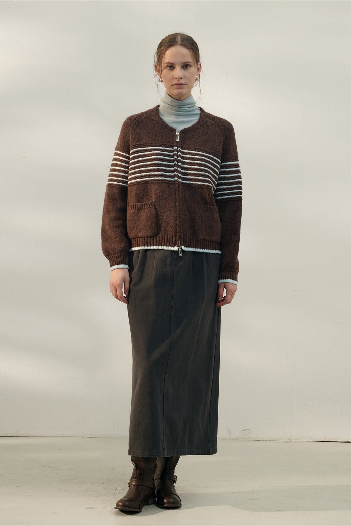 Retro Stripe Zip V-Neck Knit Top