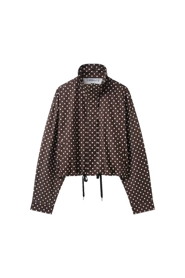 Polka Dot Print Stand Collar Zip-Up Drawstring Cropped Jacket