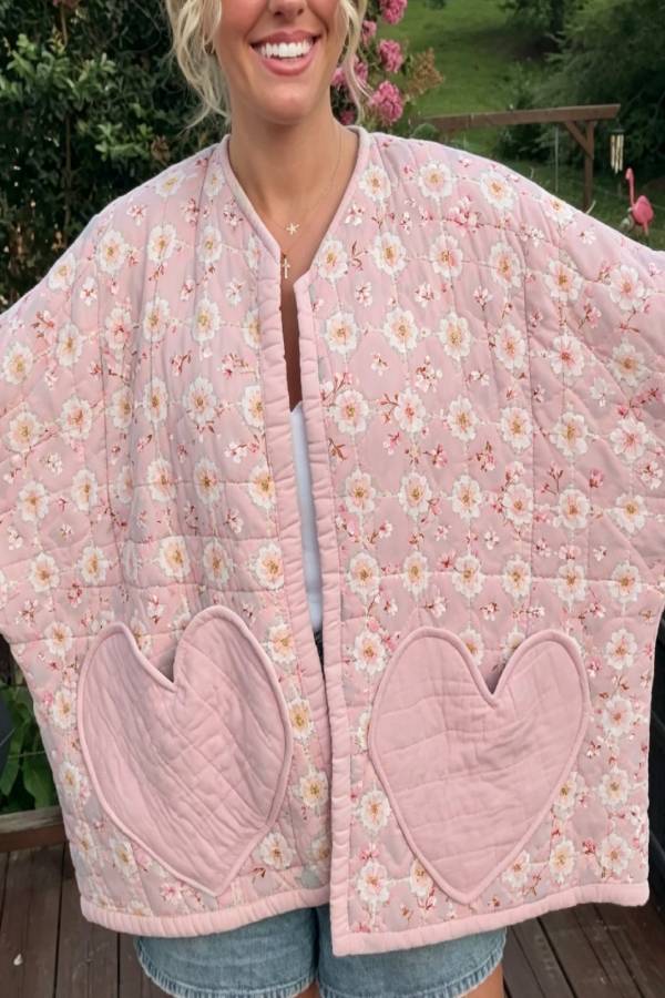 Sweet Floral Quilted Jacket With Heart‑Shaped Pockets