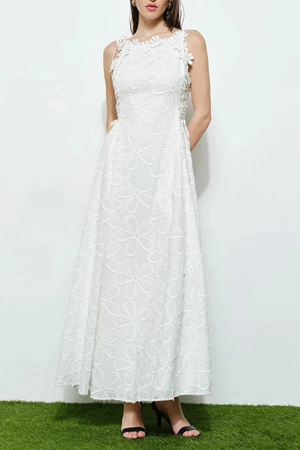 Garden Party Lace Embroidered Cutout Fabric Flower Trim Side Lace-up Maxi Dress