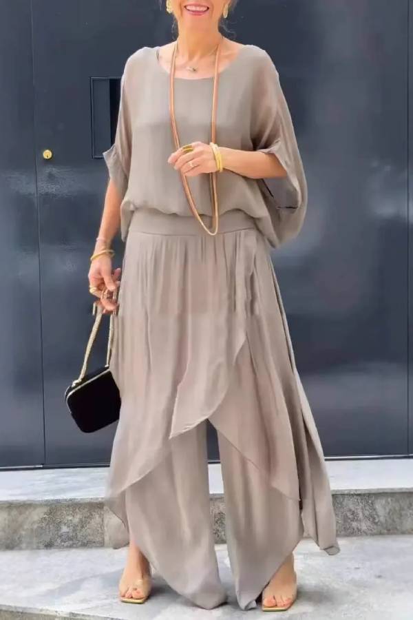 Top slit wide-leg pants chiffon casual suit