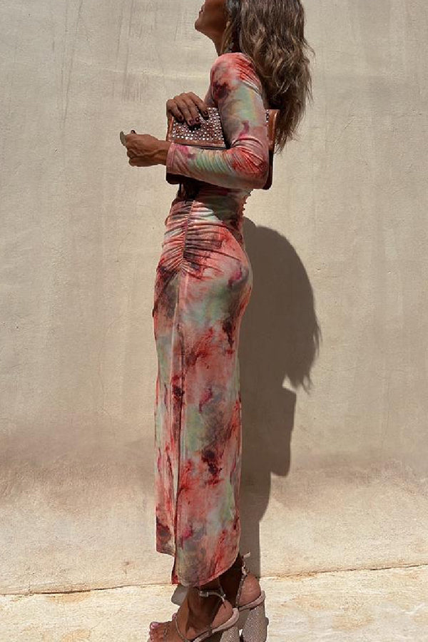 Abstract Tie Dye Print Ruched Side Slit Long Sleeve Midi Dress
