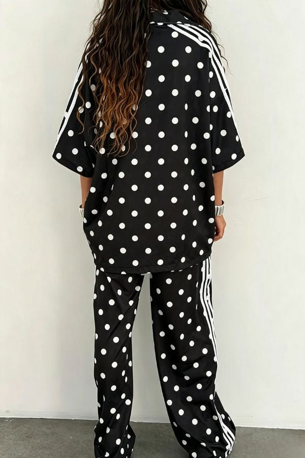 Chris Color Blocked Polka Dot Print Short Sleeve Loose Shirt and Elastic Waist Pocket Pants Tracksuit