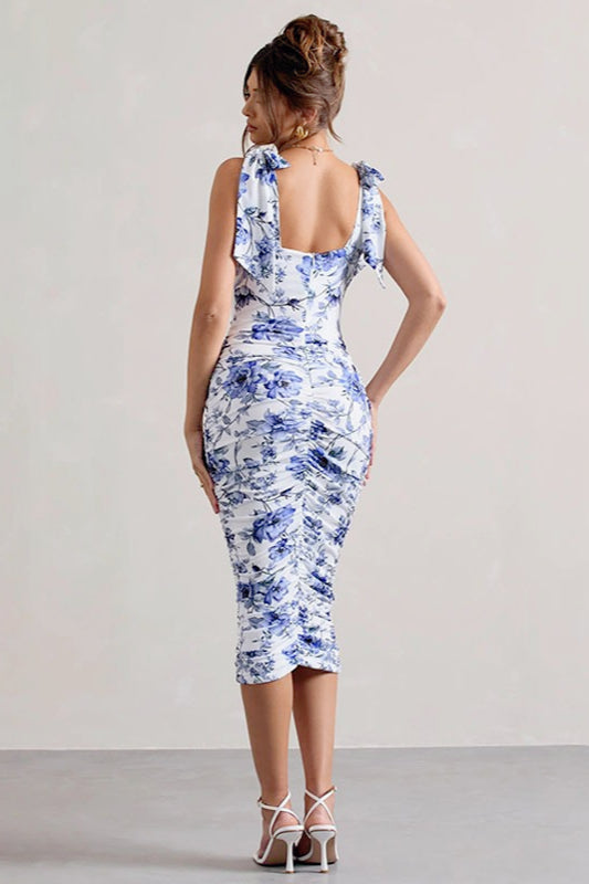 Sweet Floral Tie-Waist Bodycon Floral Dress