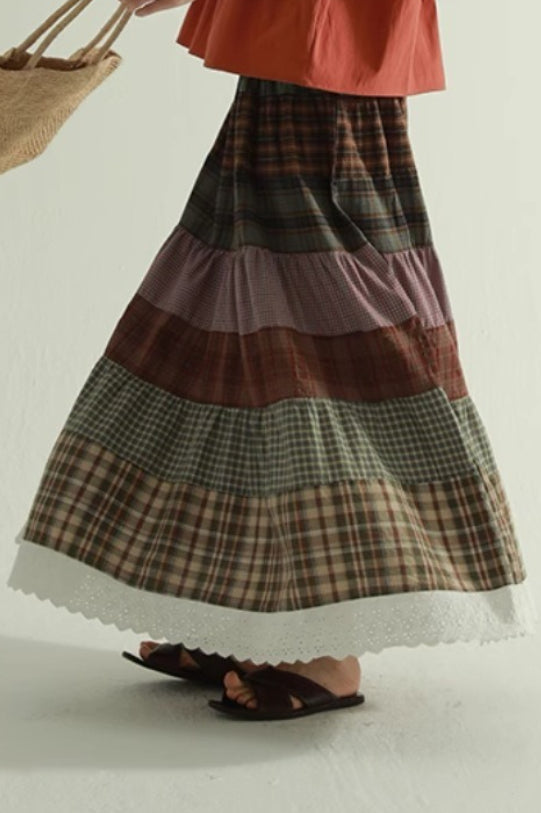 Vintage Plaid Patchwork Flared Boho Skirt
