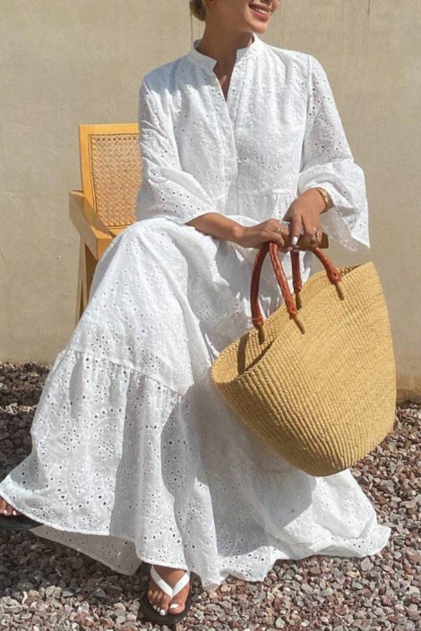 Stand‑Collar Eyelet Embroidery Ruffle Sleeve Tiered Maxi Dress