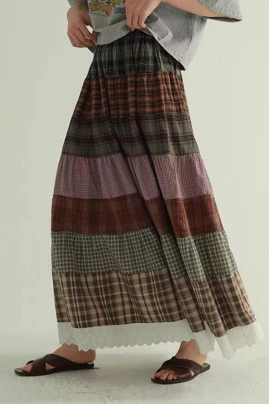 Vintage Plaid Patchwork Flared Boho Skirt