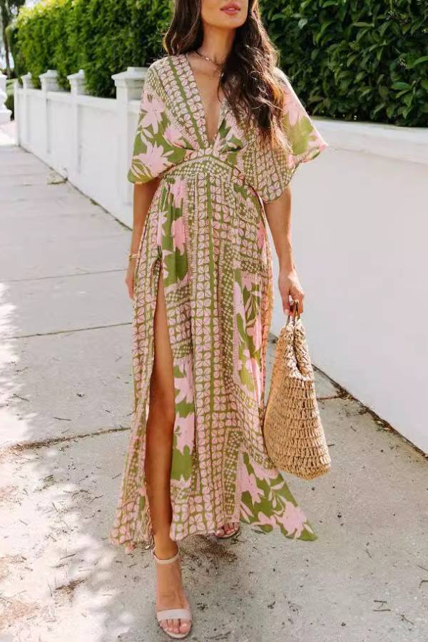 V-Neck Floral Print Waist-Tie Slit Maxi Dress