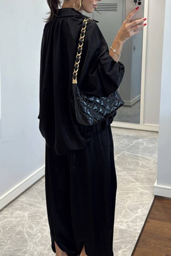 Satin Collar Puff Sleeve Drawstring Jogger Pants Two Piece Lazy Co-Ord Set