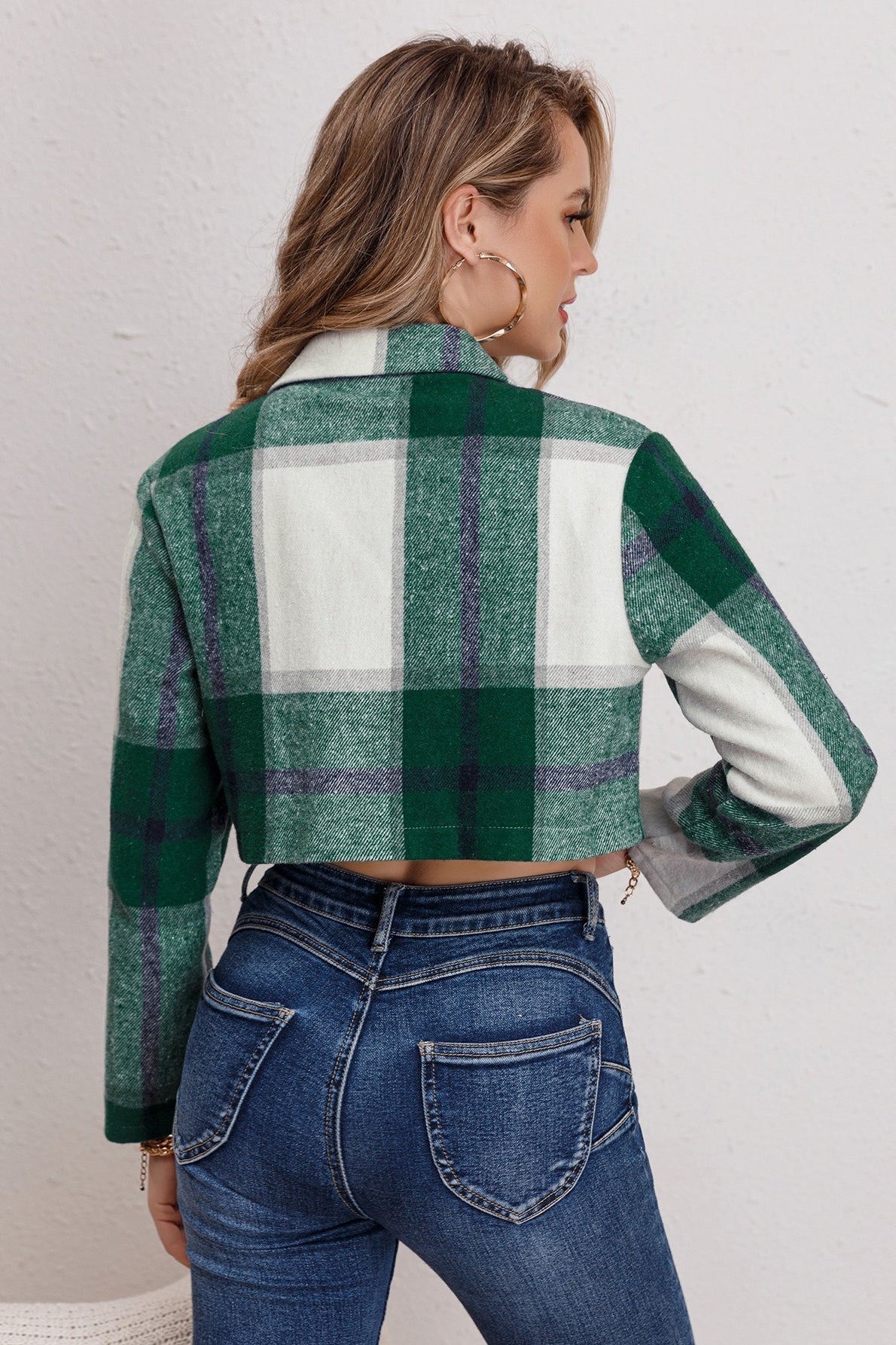 Checked Notch Collar Short Jacket
