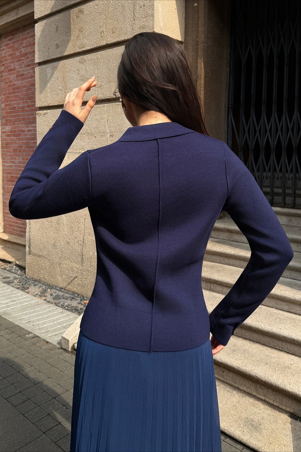 V Neck Double Breasted Knit Blazer Pleated Skirt Set