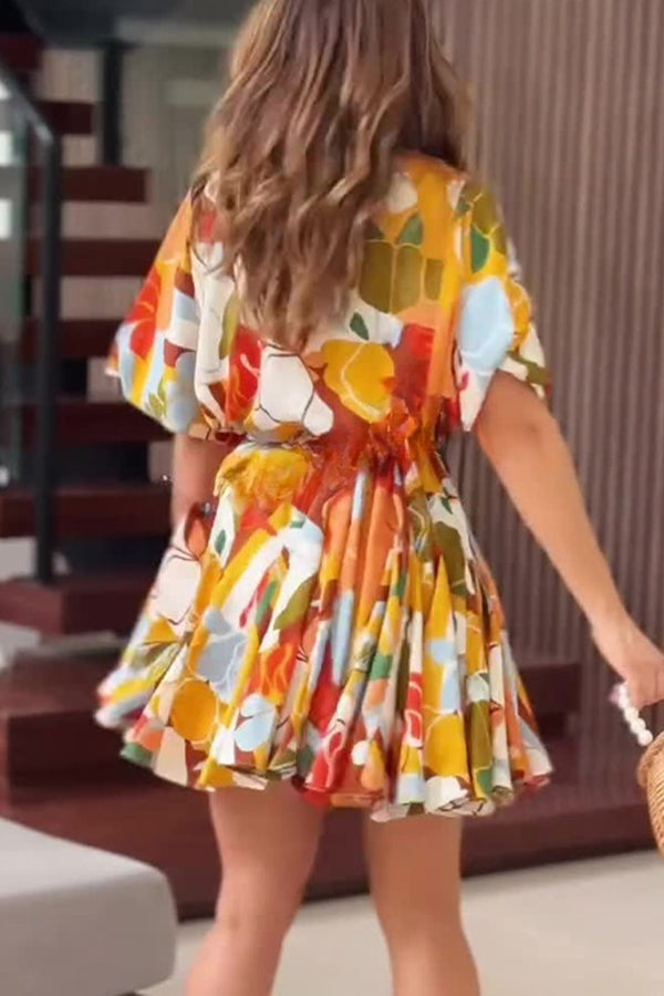 Unique Printed Round Neck Short Sleeve Waist Tie Vacation Mini Dress