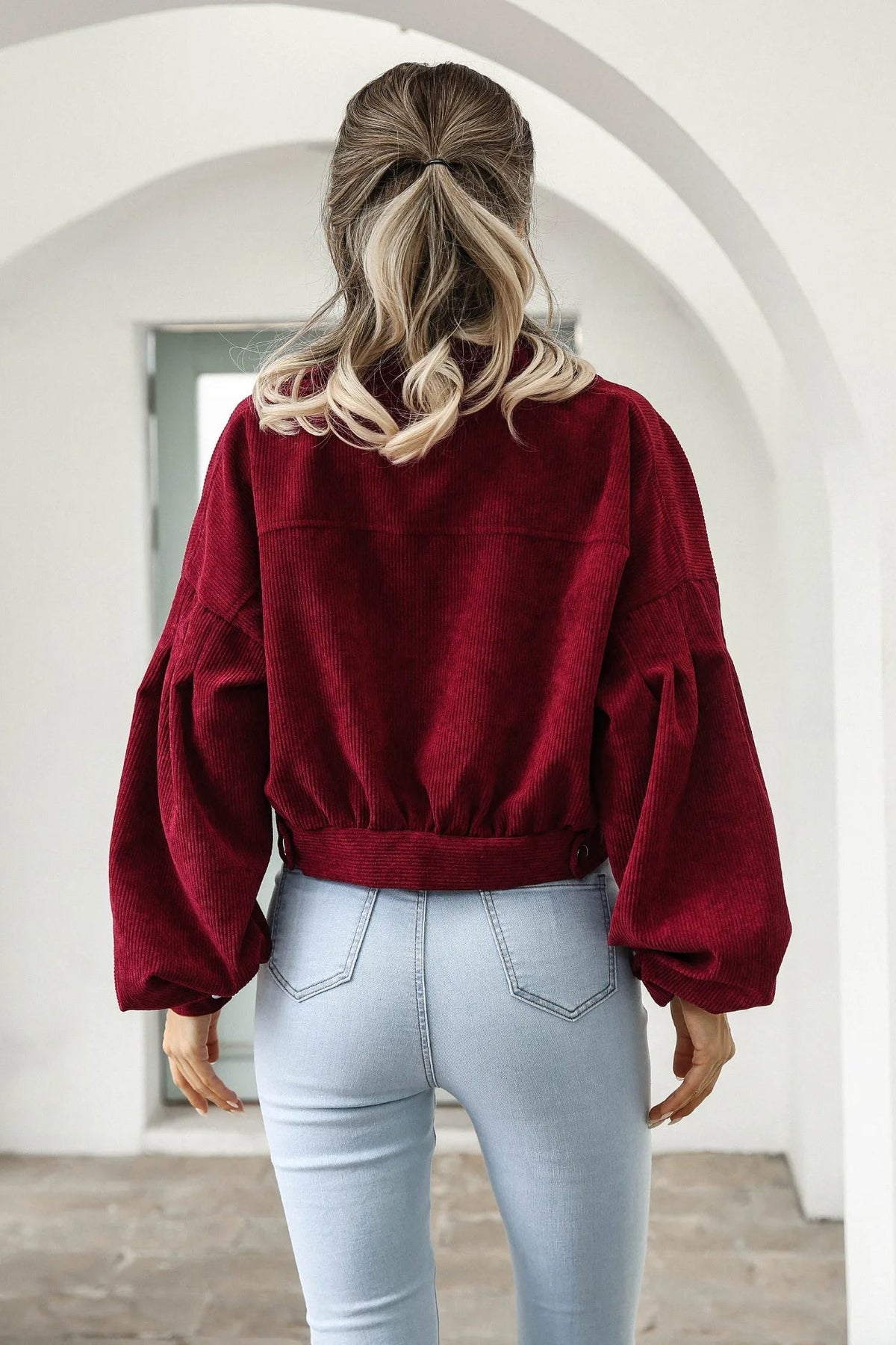 Corduroy Cropped Lantern Sleeve Jacket