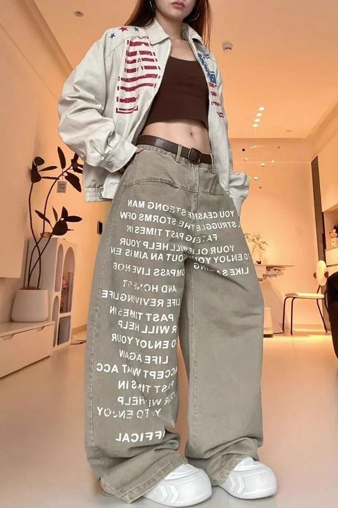 Vintage Letter Printed Curved Leg Slouchy Jeans